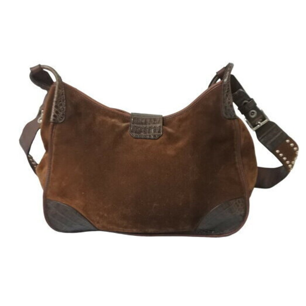 Prada Shoulder Bag Crocodile Ray Cow Tiger Eye Studs Suede Brown - Picture 2 of 8
